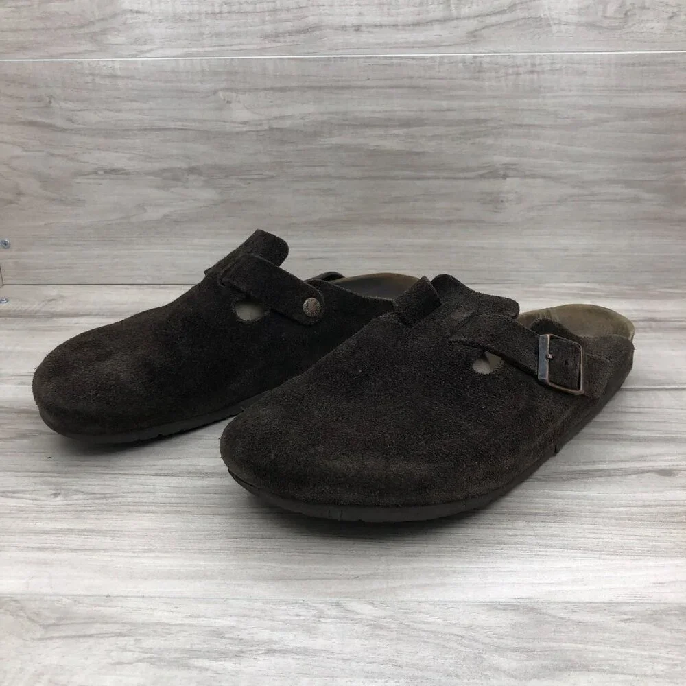 Birkenstock Brown Suede Clogs with Buckle